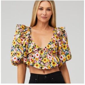 For Love & Lemons Glenn Floral Crop Top‎ Puff Sleeve NWT XS Vneck Summer Girly